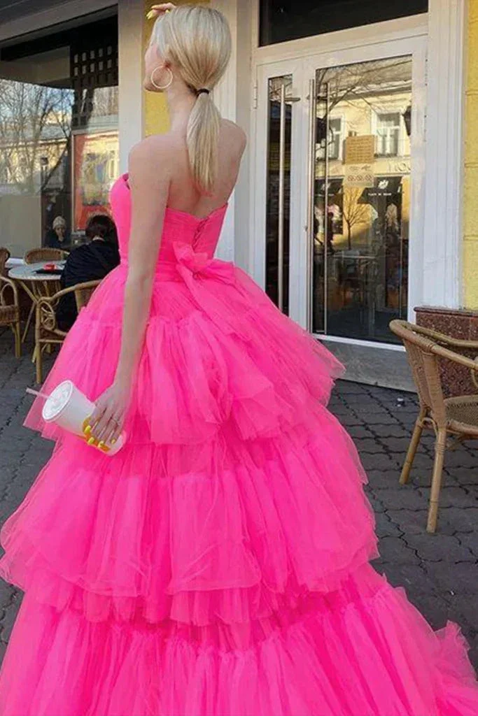 Strapless High Low Layered Hot Pink Tulle Long Prom Dress, High Low Hot Pink Formal Dress, Hot Pink Evening Dress Y214 - Image 2