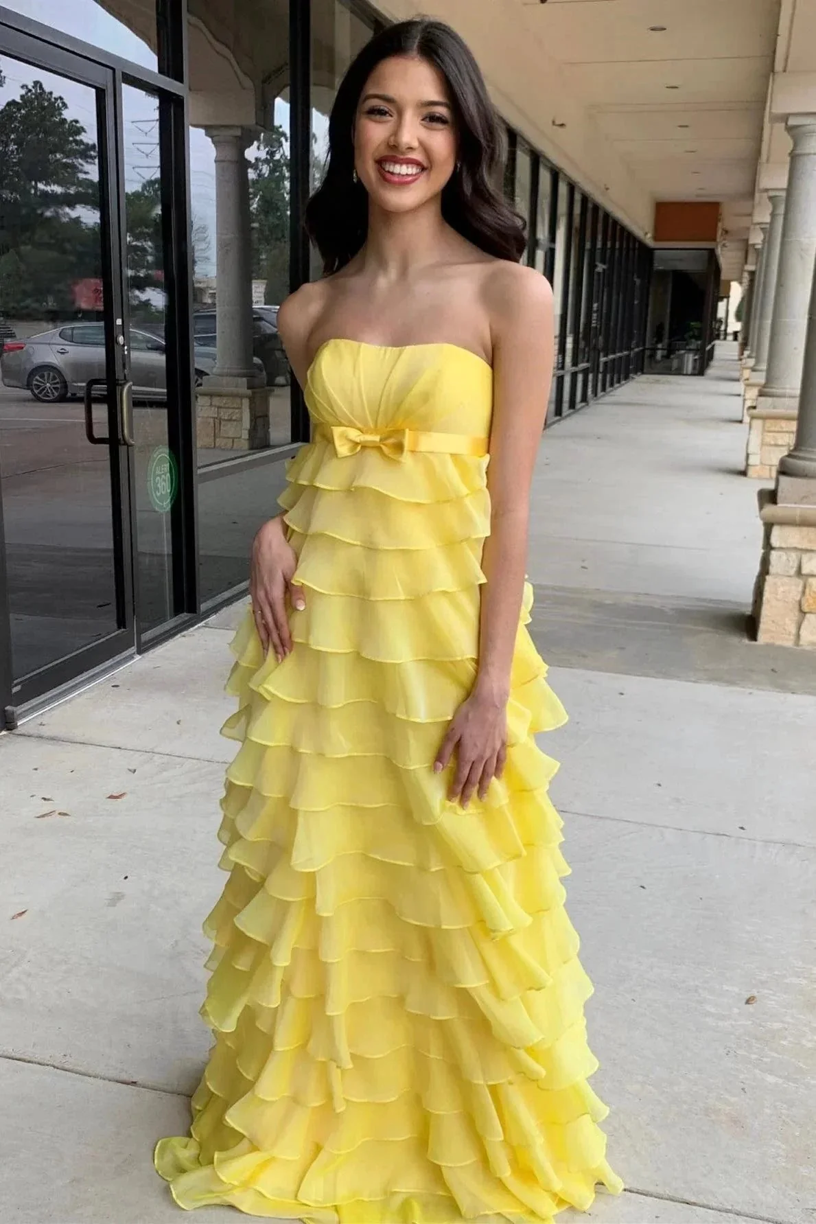 Strapless High-Waist Ruffle Tiered Long Prom Dress with Bow - Image 2