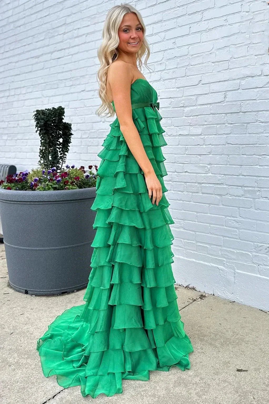 Strapless High-Waist Ruffle Tiered Long Prom Dress with Bow - Image 4