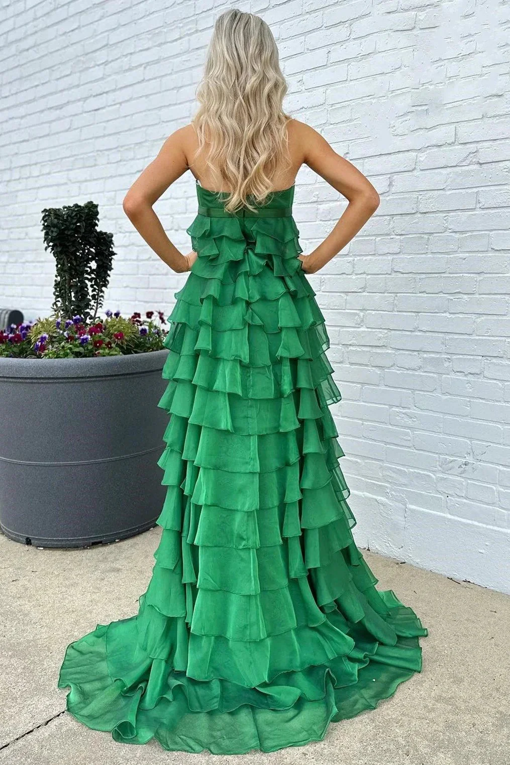 Strapless High-Waist Ruffle Tiered Long Prom Dress with Bow - Image 5