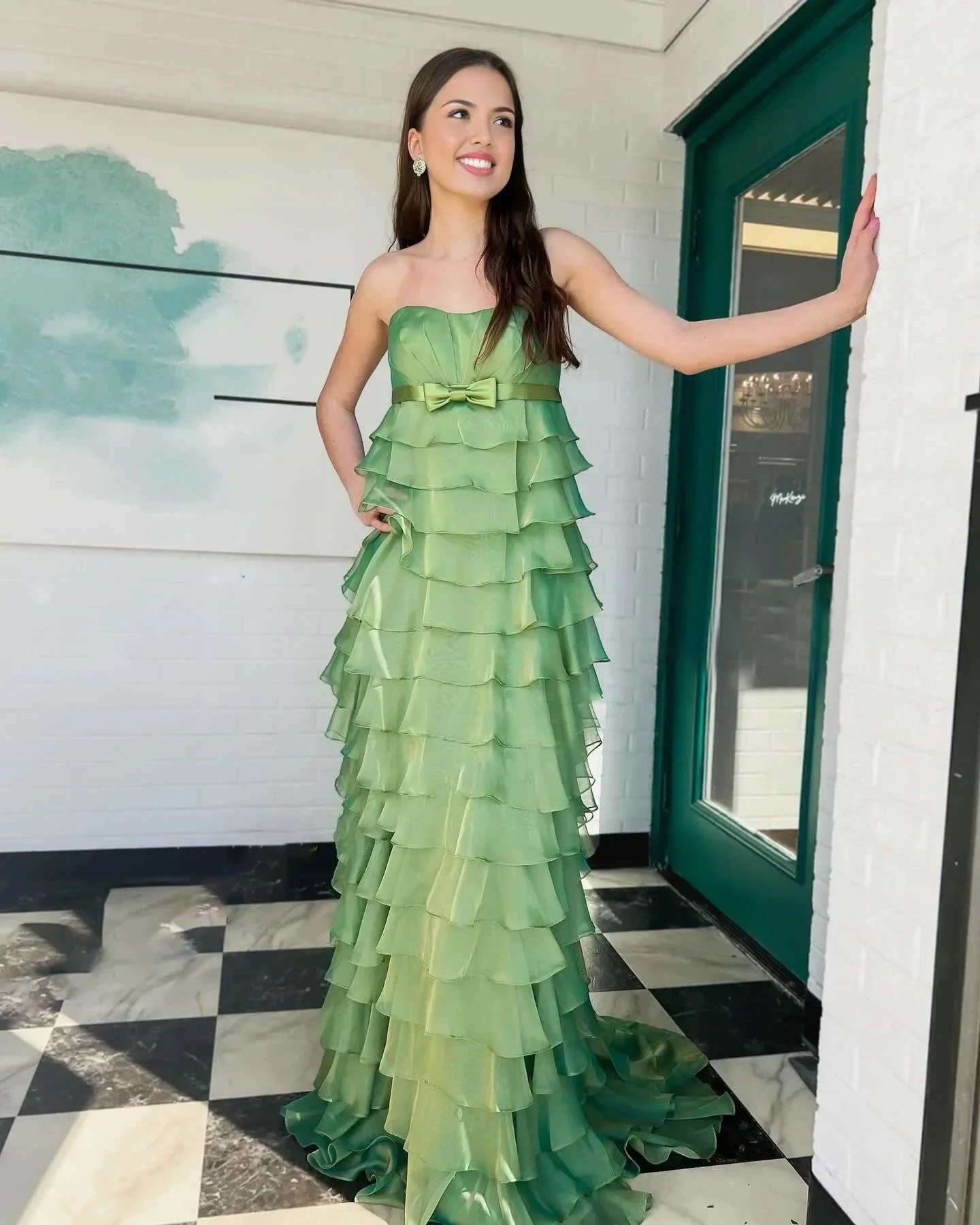 Strapless High-Waist Ruffle Tiered Long Prom Dress with Bow - Image 6