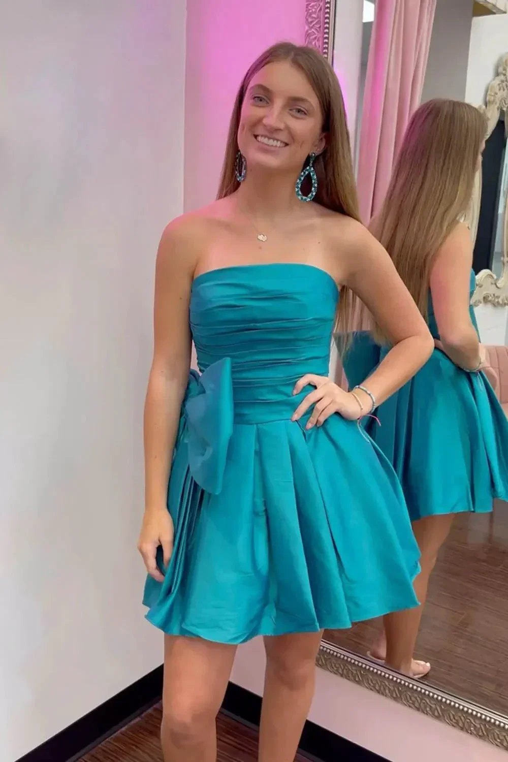 A-Line Strapless Pleated Party Dress with Bow - Image 10