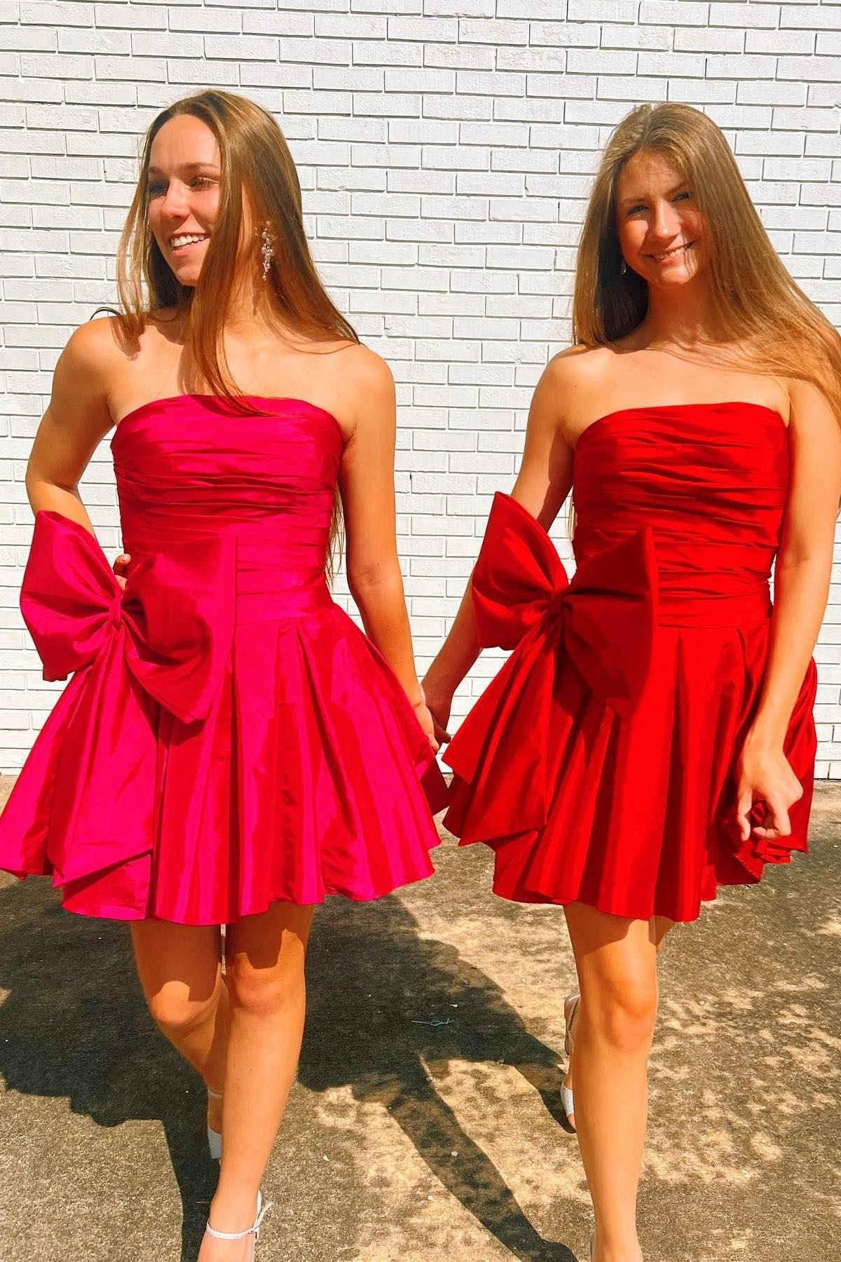 A-Line Strapless Pleated Party Dress with Bow - Image 9
