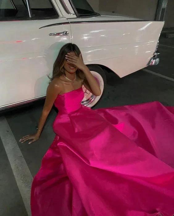 Strapless Hot Pink Satin Long Evening Dress Elegant Formal Gown Y441 - Image 2