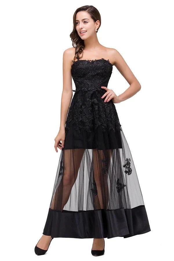 Strapless Knee-length A-line Lace-Up Black Appliques Prom Dresses - Image 2