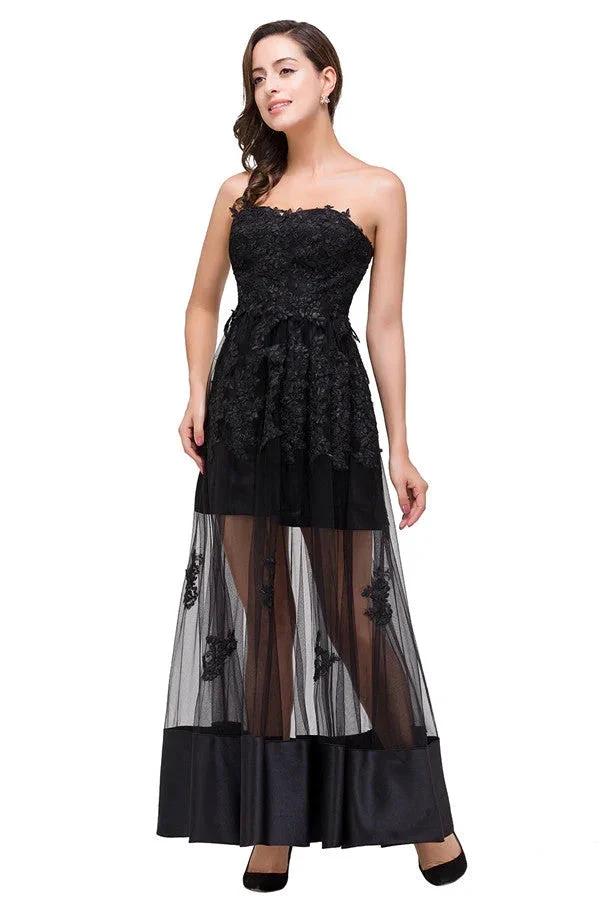 Strapless Knee-length A-line Lace-Up Black Appliques Prom Dresses - Image 3
