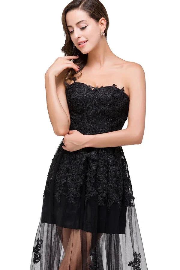Strapless Knee-length A-line Lace-Up Black Appliques Prom Dresses - Image 4
