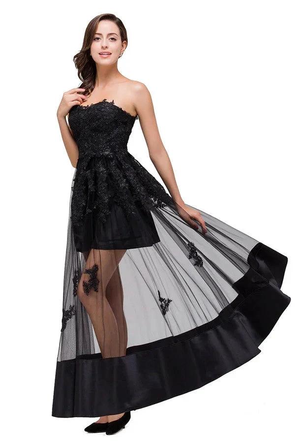 Strapless Knee-length A-line Lace-Up Black Appliques Prom Dresses - Image 5