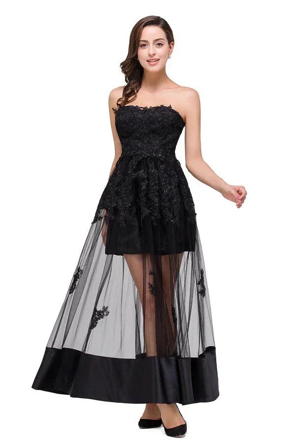 Strapless Knee-length A-line Lace-Up Black Appliques Prom Dresses - Image 6