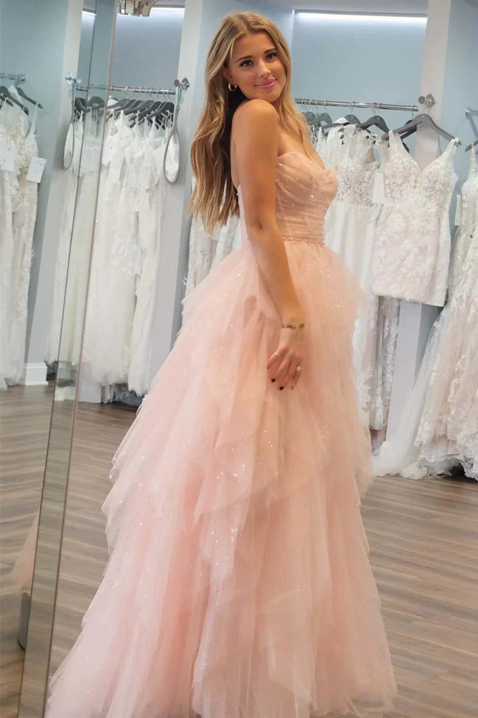 Patsy | Strapless Light Pink Sequin Beaded Ruffle Tulle Prom Dress - Image 3