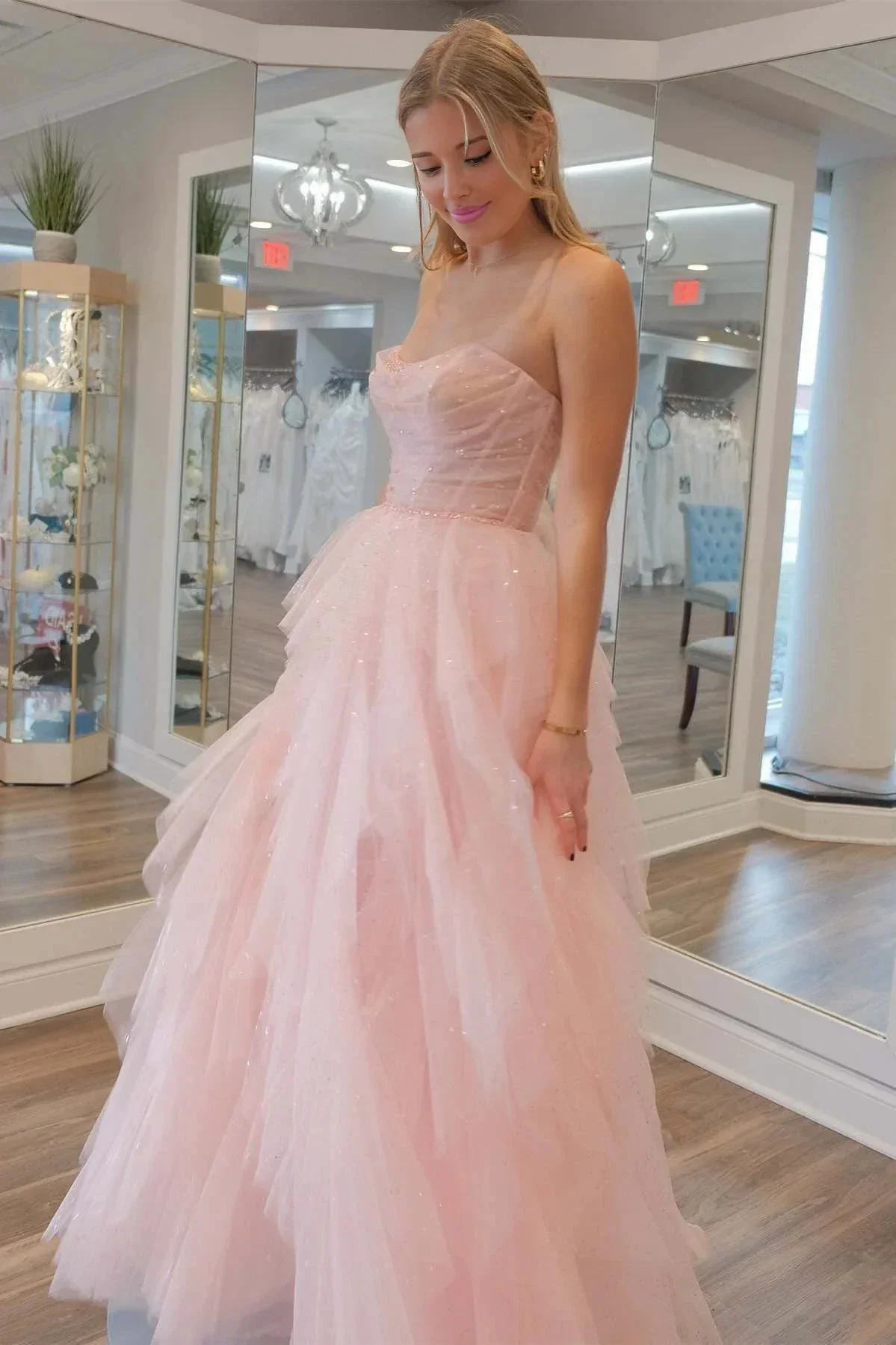 Patsy | Strapless Light Pink Sequin Beaded Ruffle Tulle Prom Dress - Image 4