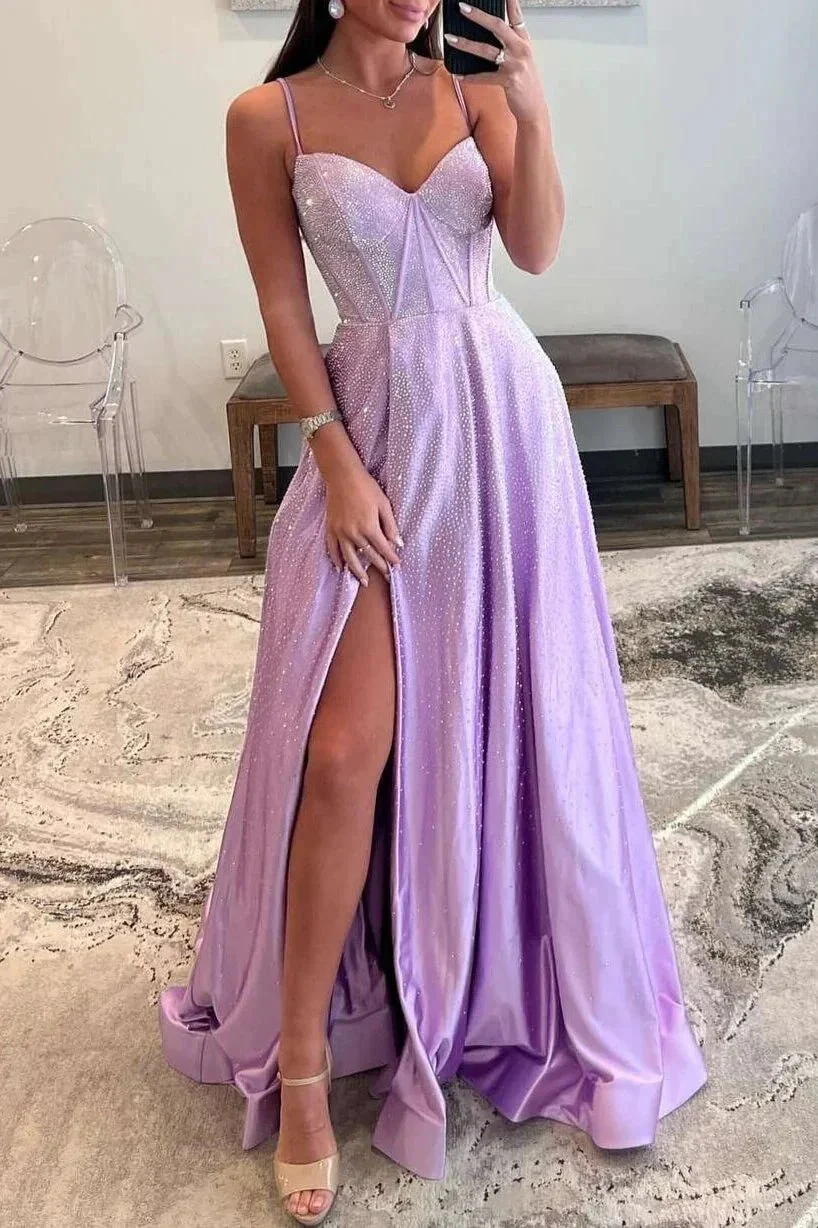 Adrianna | Strapless Lilac Corset A-Line Prom Dress with Rhinestones - Image 2