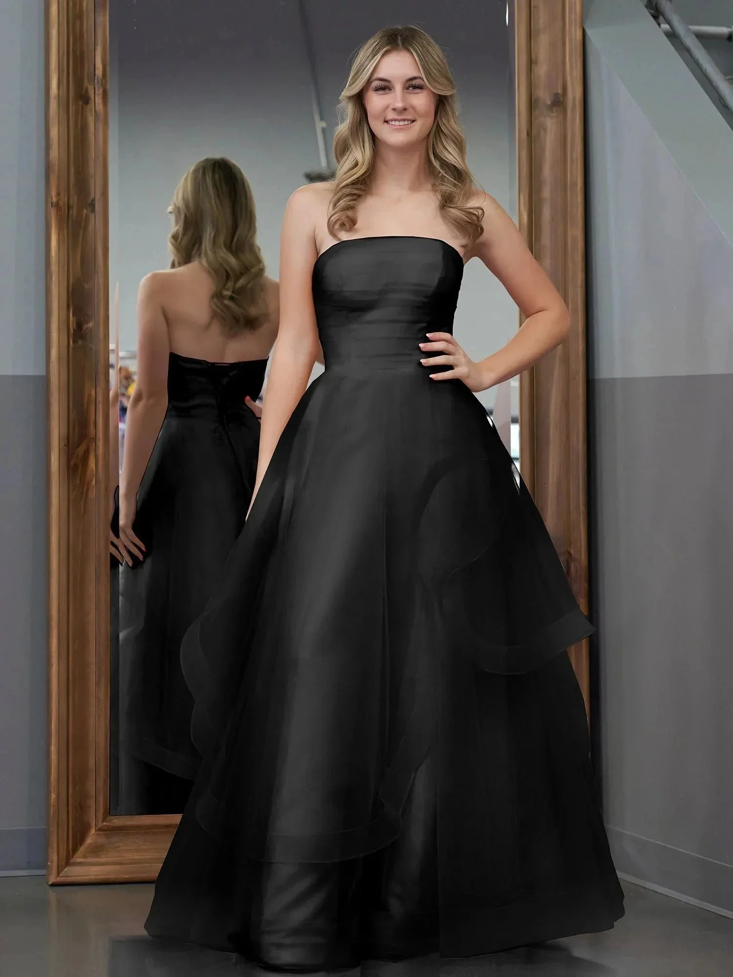 Elisa |Light Pink A Line Strapless Organza Prom Dress - Image 10