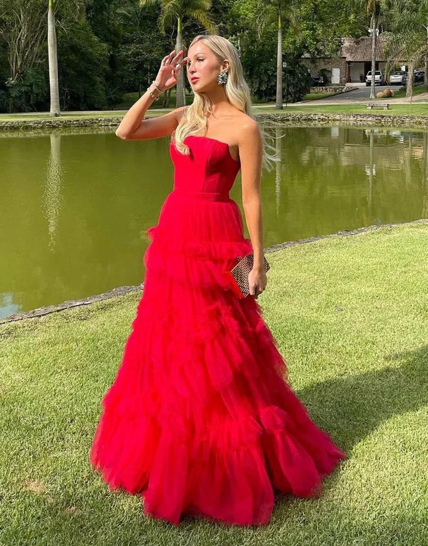 Matilda |A-Line Strapless Ruffled Tulle Prom Dress - Image 6