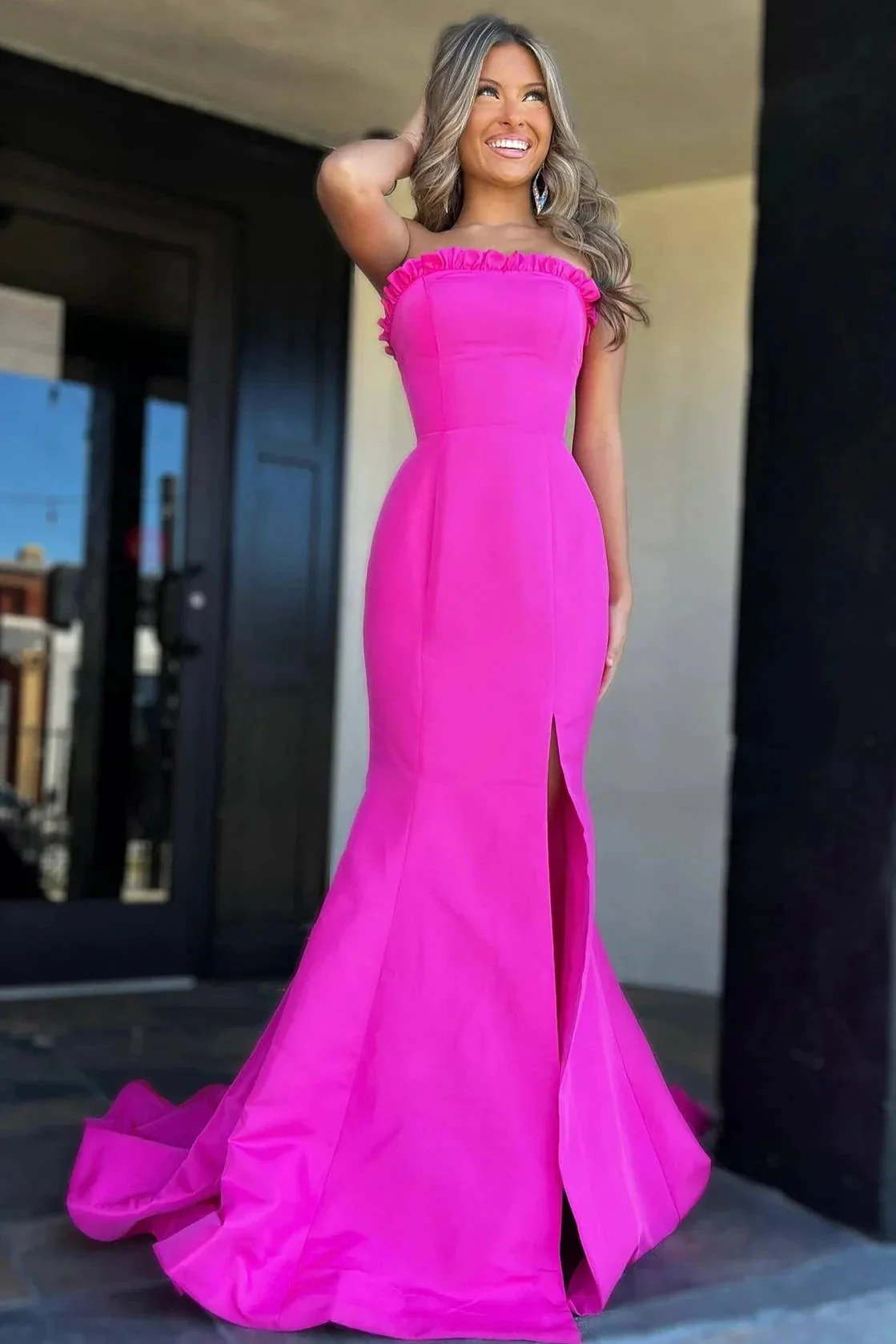 Denver | Strapless Maganta Ruffle Mermaid Slit Long Prom Dress - Image 2