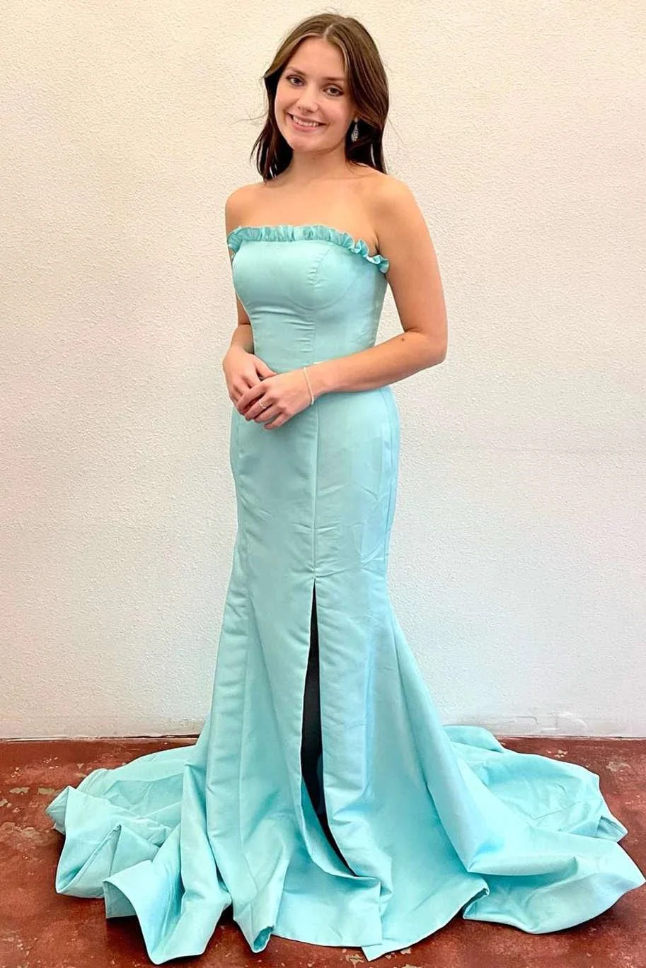 Denver | Strapless Maganta Ruffle Mermaid Slit Long Prom Dress - Image 3