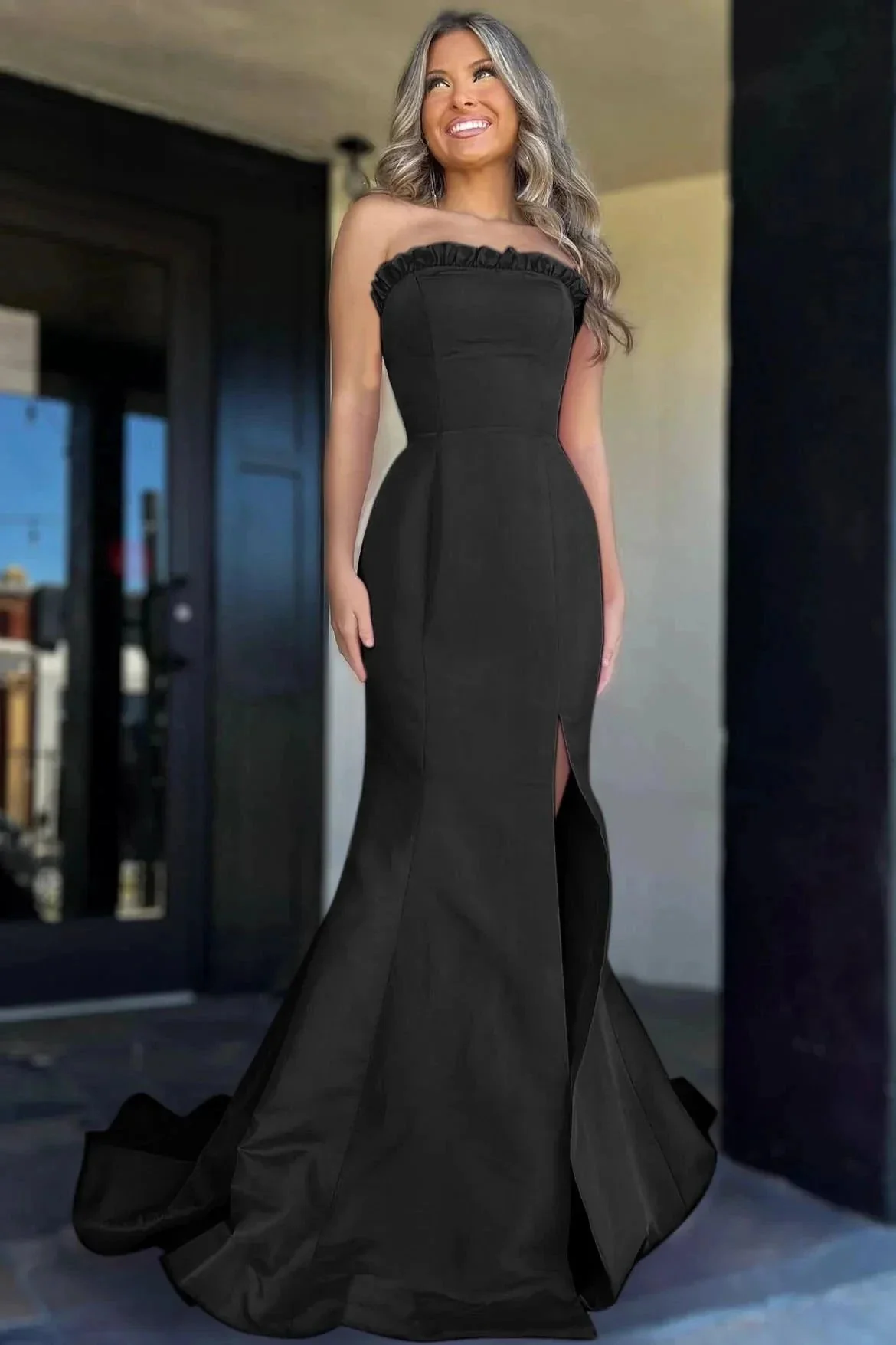 Denver | Strapless Maganta Ruffle Mermaid Slit Long Prom Dress - Image 5