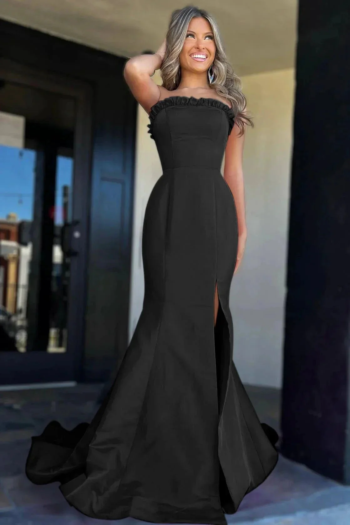 Denver | Strapless Maganta Ruffle Mermaid Slit Long Prom Dress - Image 6