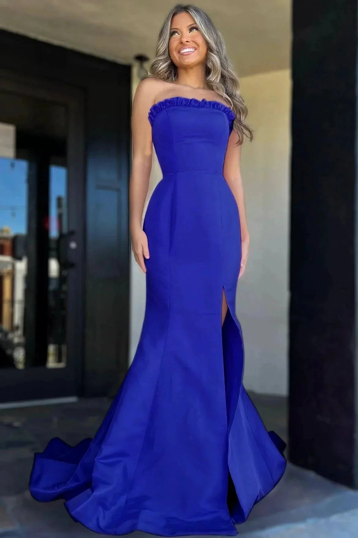 Denver | Strapless Maganta Ruffle Mermaid Slit Long Prom Dress - Image 7