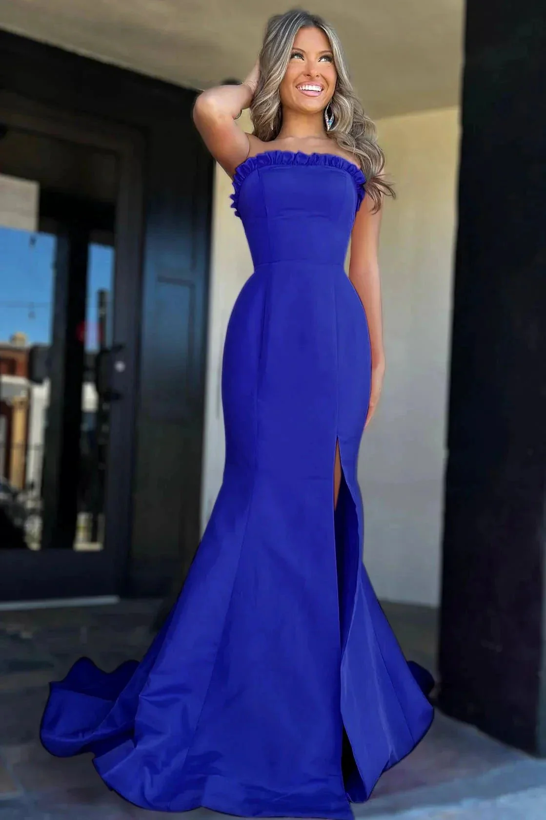 Denver | Strapless Maganta Ruffle Mermaid Slit Long Prom Dress - Image 8