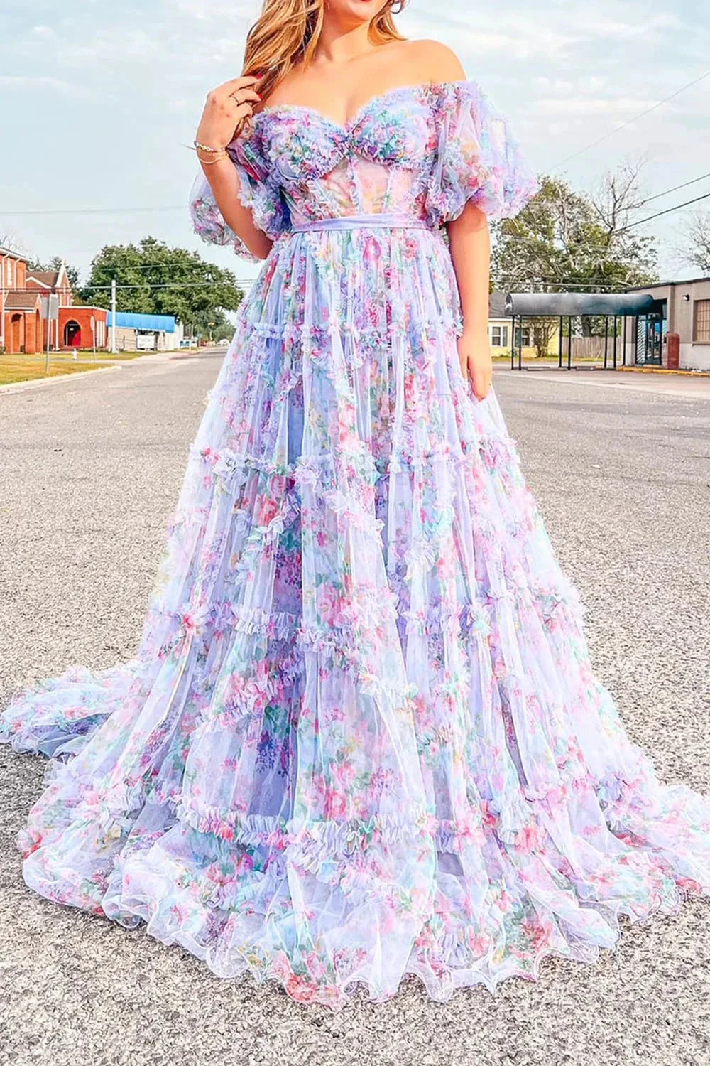 Sydney |A Line Off The Shoulder Floral Tulle Prom Dress - Image 11