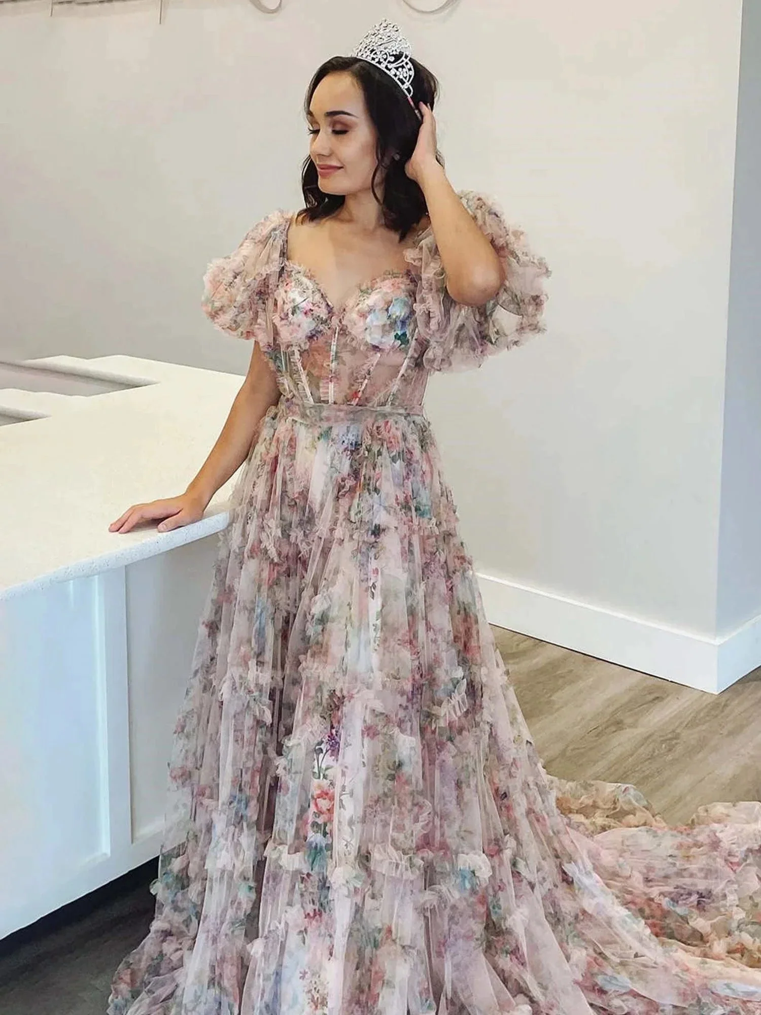 Sydney |A Line Off The Shoulder Floral Tulle Prom Dress - Image 2
