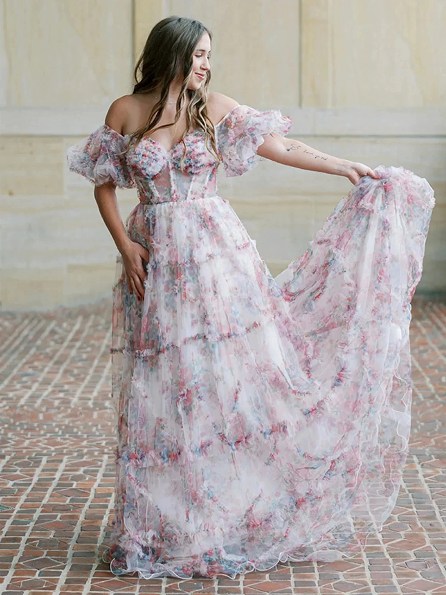 Sydney |A Line Off The Shoulder Floral Tulle Prom Dress - Image 4