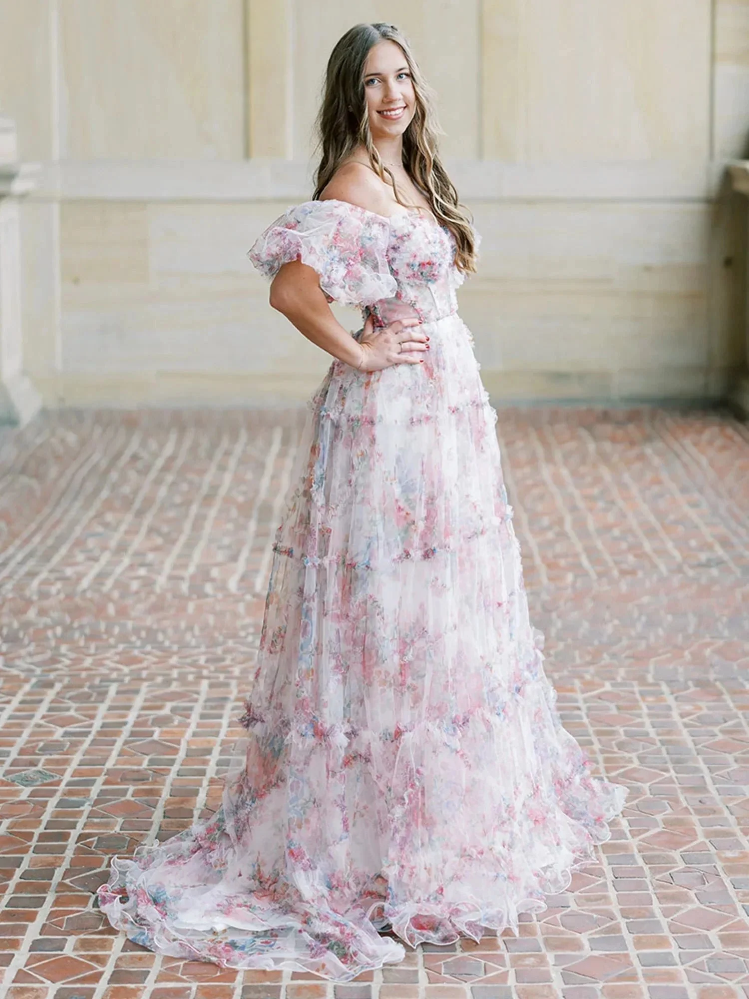 Sydney |A Line Off The Shoulder Floral Tulle Prom Dress - Image 5