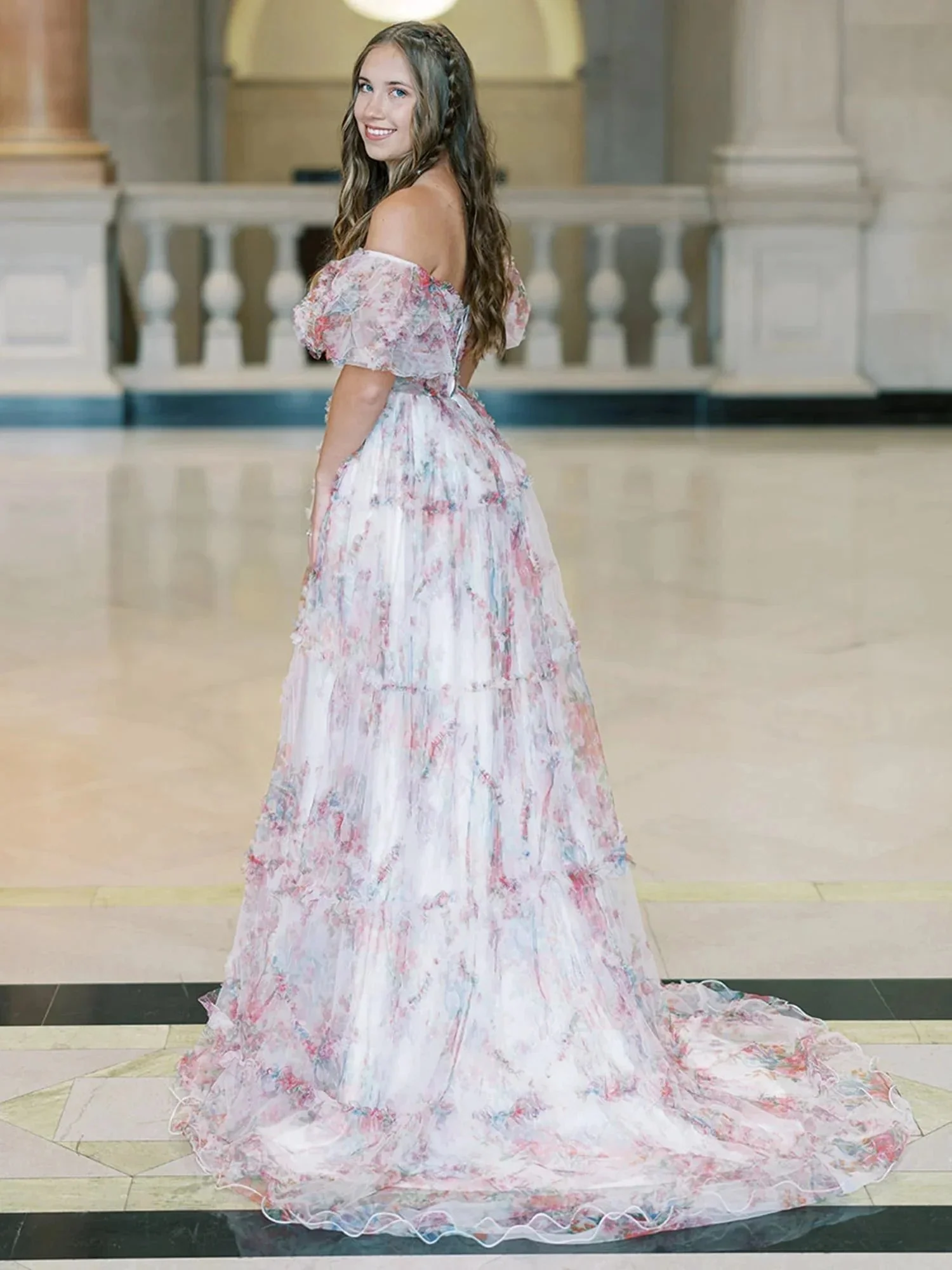 Sydney |A Line Off The Shoulder Floral Tulle Prom Dress - Image 6