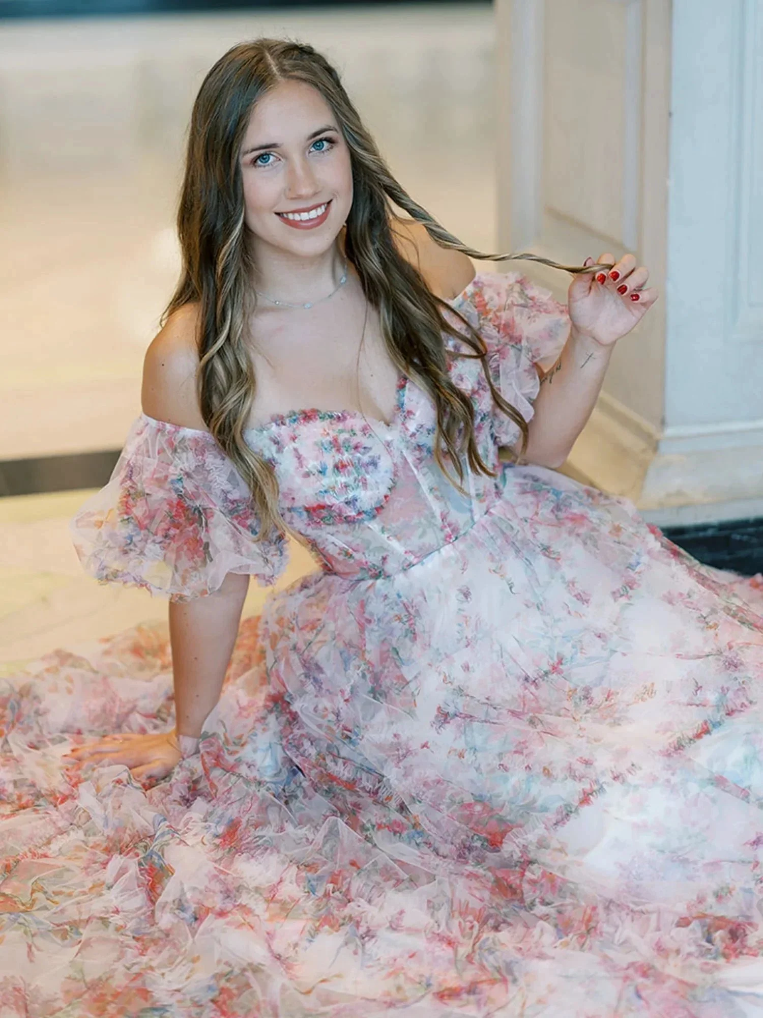Sydney |A Line Off The Shoulder Floral Tulle Prom Dress - Image 7
