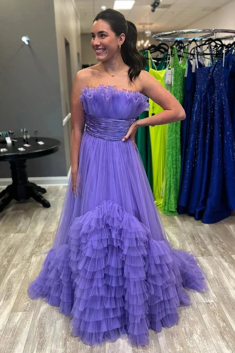 Alani |A-Line Strapless Pink Tiered Long Tulle Prom Dress - Image 10