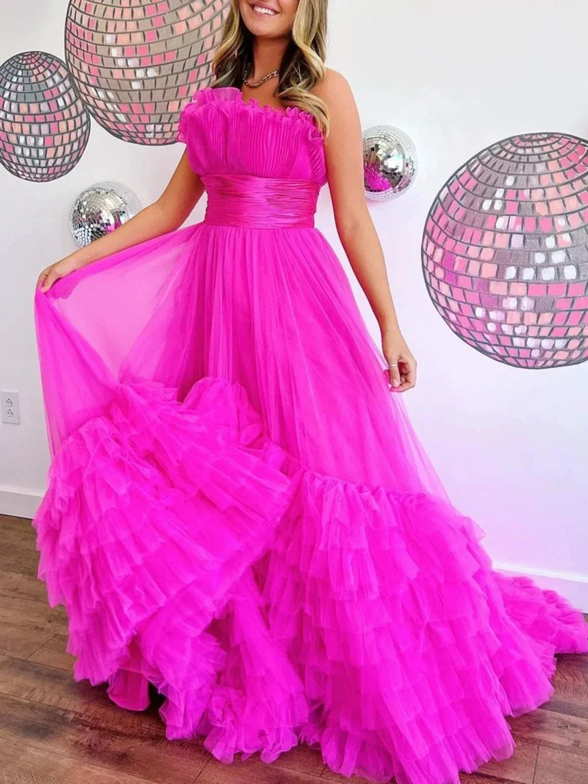 Alani |A-Line Strapless Pink Tiered Long Tulle Prom Dress - Image 2