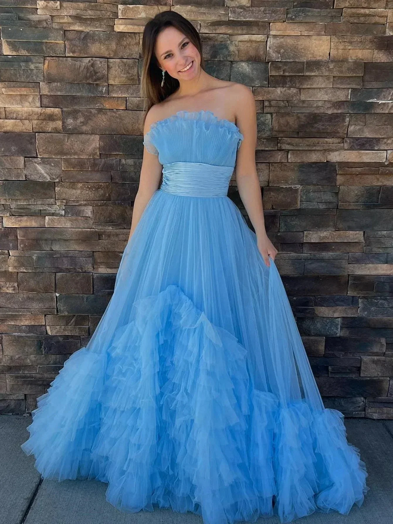 Alani |A-Line Strapless Pink Tiered Long Tulle Prom Dress - Image 3