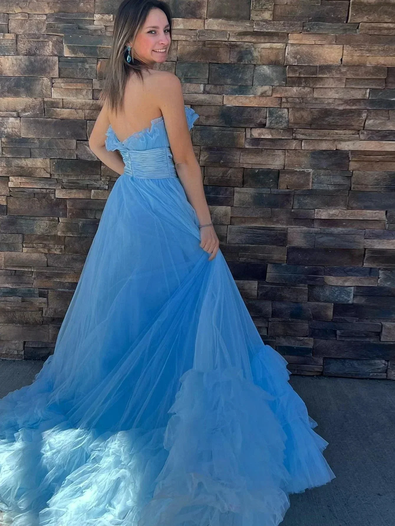 Alani |A-Line Strapless Pink Tiered Long Tulle Prom Dress - Image 4