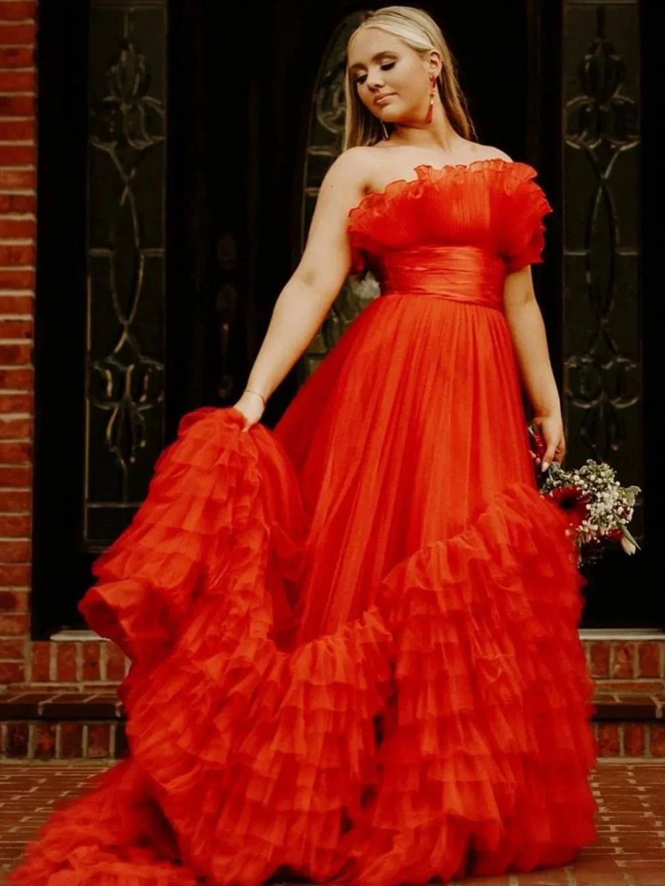 Alani |A-Line Strapless Pink Tiered Long Tulle Prom Dress - Image 5