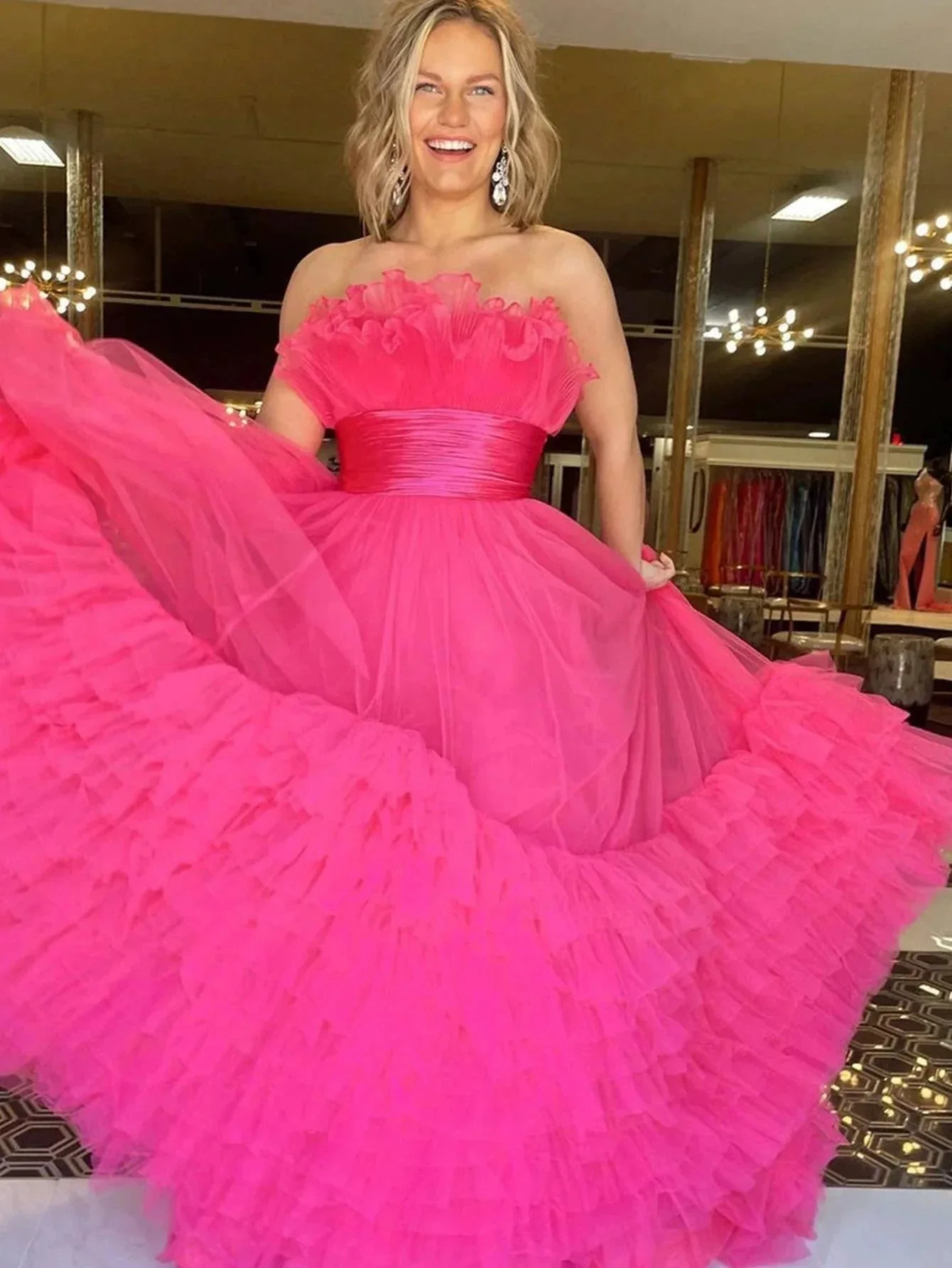 Alani |A-Line Strapless Pink Tiered Long Tulle Prom Dress - Image 6