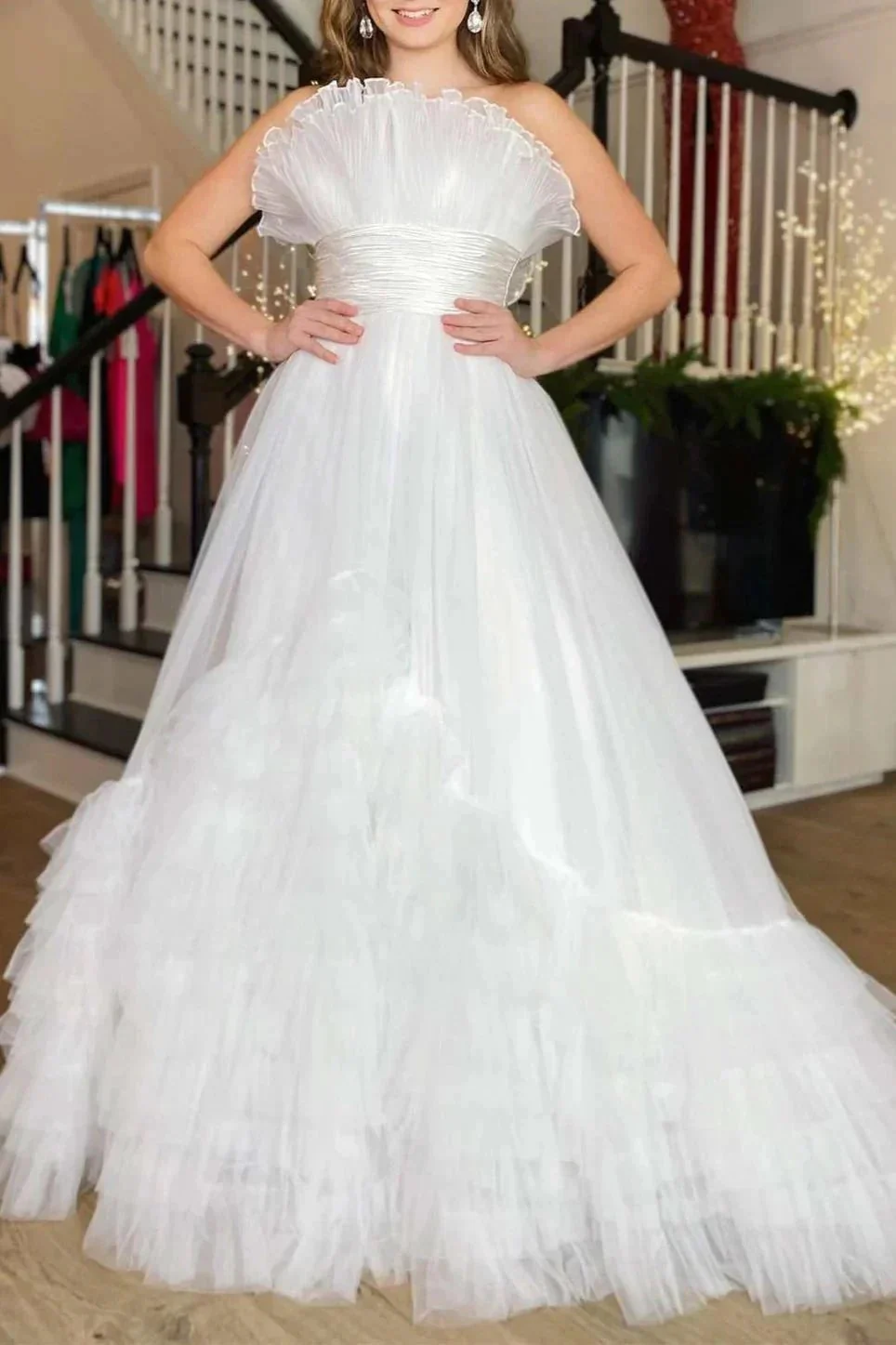 Alani |A-Line Strapless Pink Tiered Long Tulle Prom Dress - Image 7