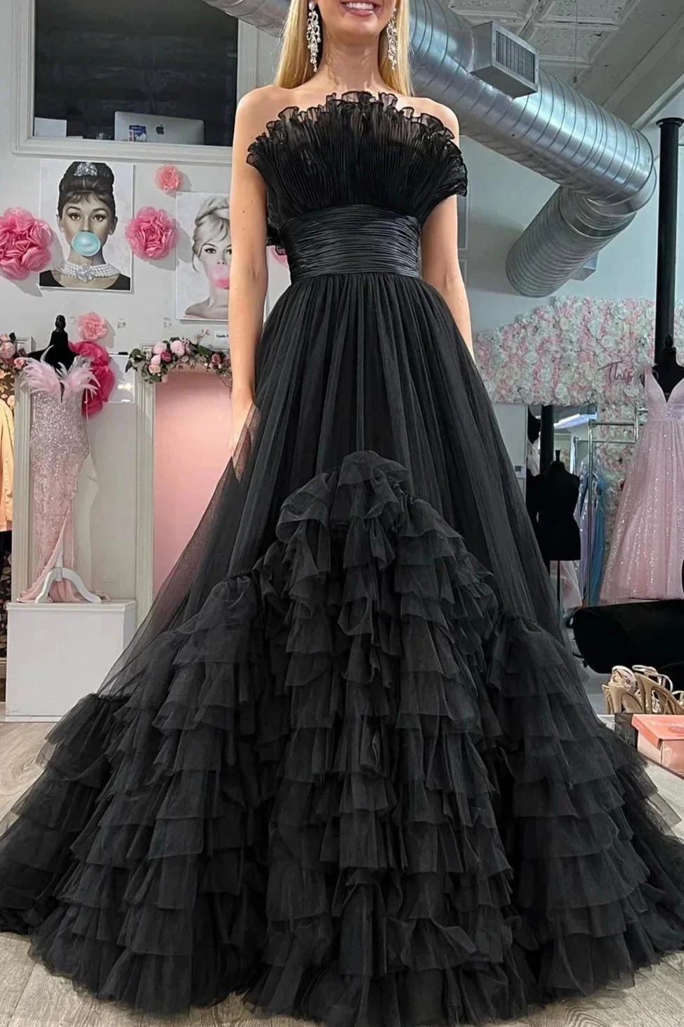 Alani |A-Line Strapless Pink Tiered Long Tulle Prom Dress - Image 8