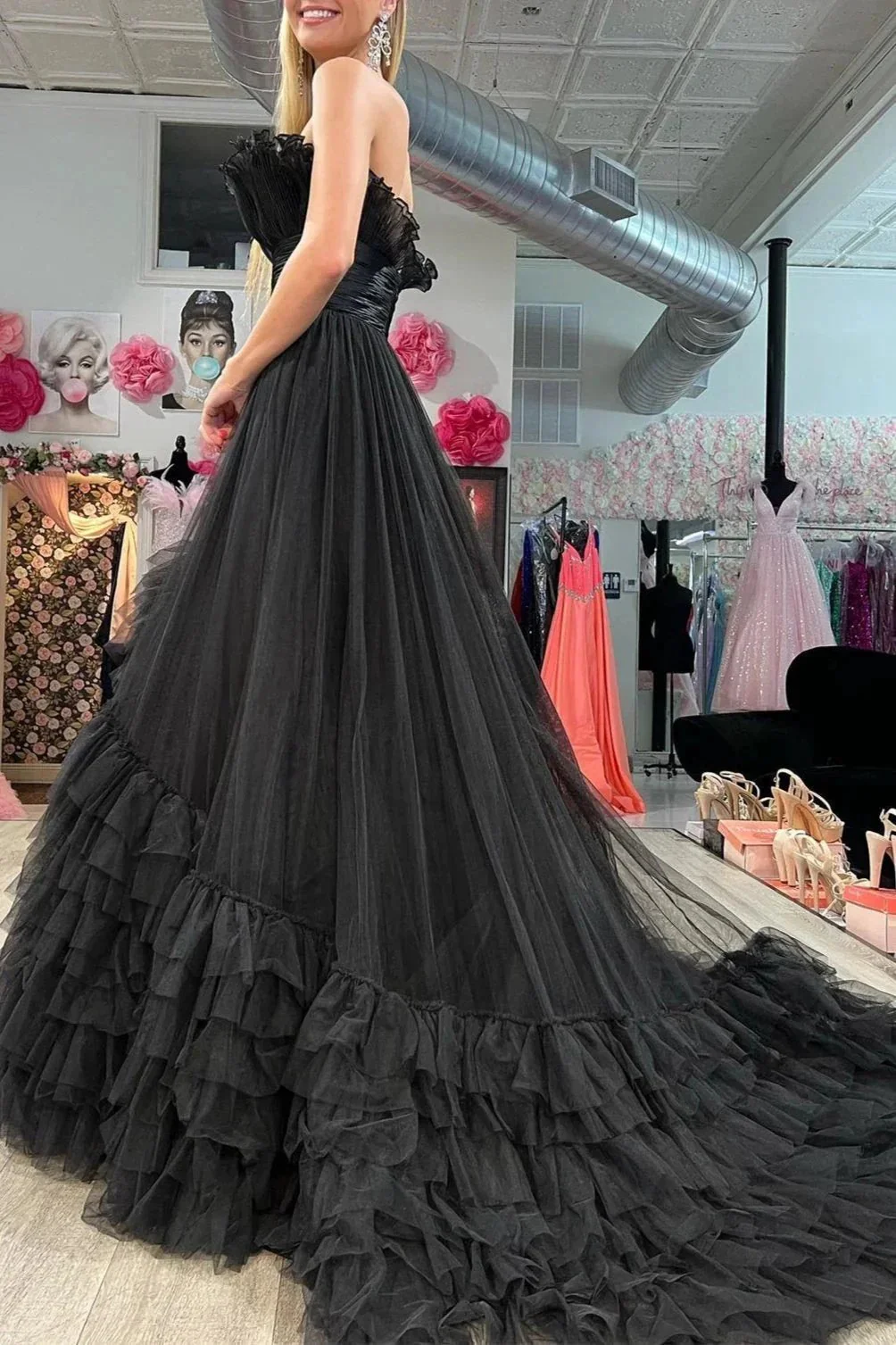 Alani |A-Line Strapless Pink Tiered Long Tulle Prom Dress - Image 9