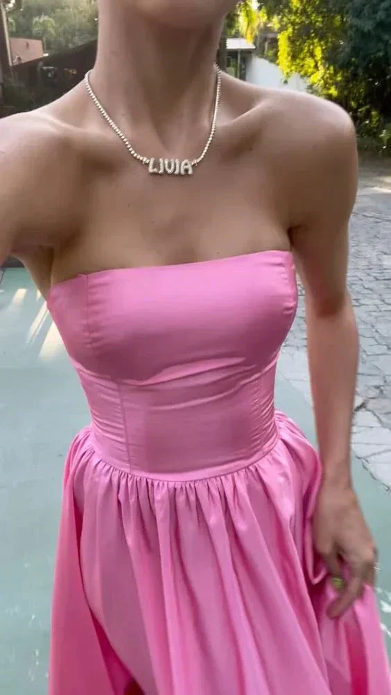 Strapless Pink Satin Long Evening Dress Classy Pink Prom Dress Y442 - Image 3