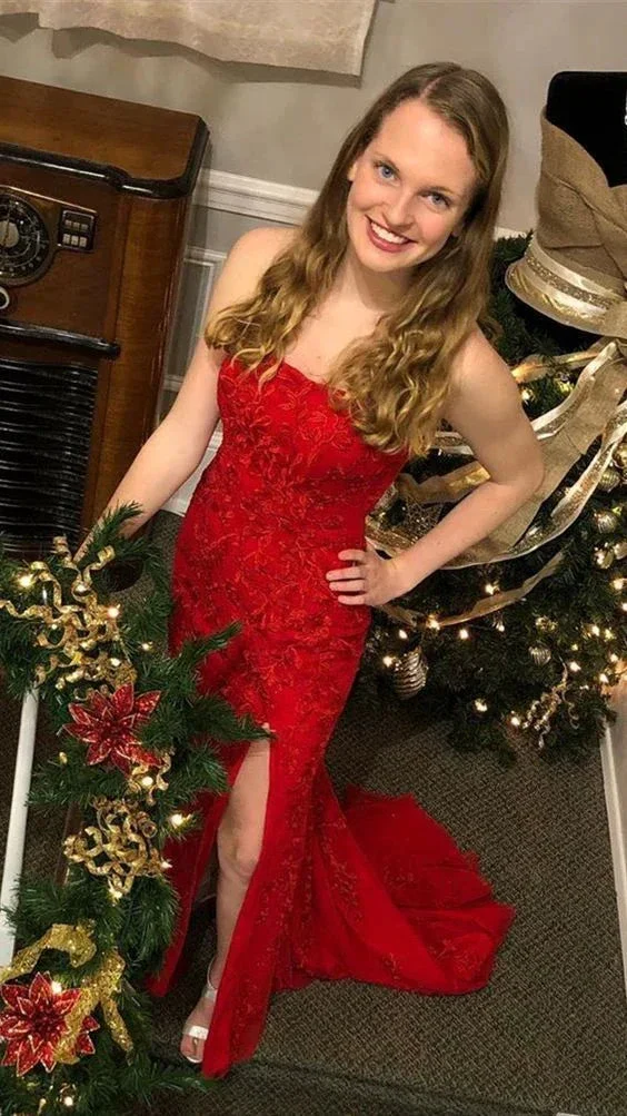 Strapless Red Lace Tulle Prom Dress,Elegant Red Evening Dress Y1731 - Image 3
