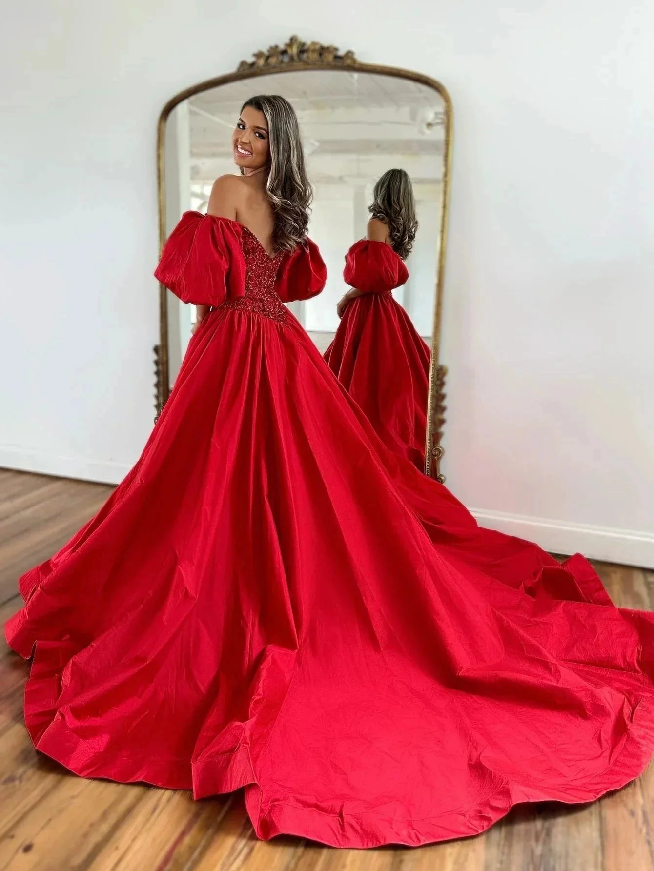 Liana |A-Line Off The Shoulder Taffeta Prom Dress With Short Puffy Sleeves - Image 2