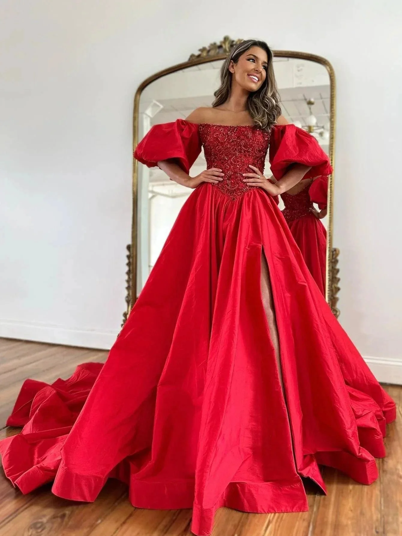 Liana |A-Line Off The Shoulder Taffeta Prom Dress With Short Puffy Sleeves - Image 3
