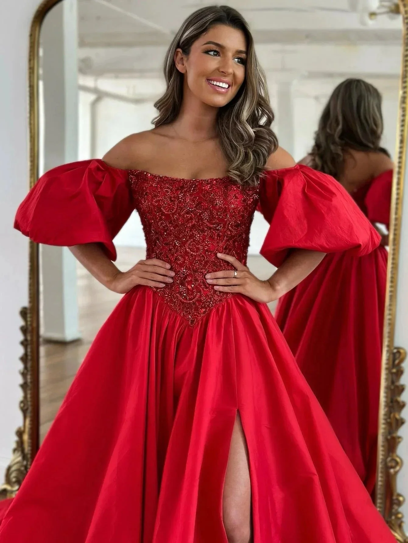 Liana |A-Line Off The Shoulder Taffeta Prom Dress With Short Puffy Sleeves - Image 4