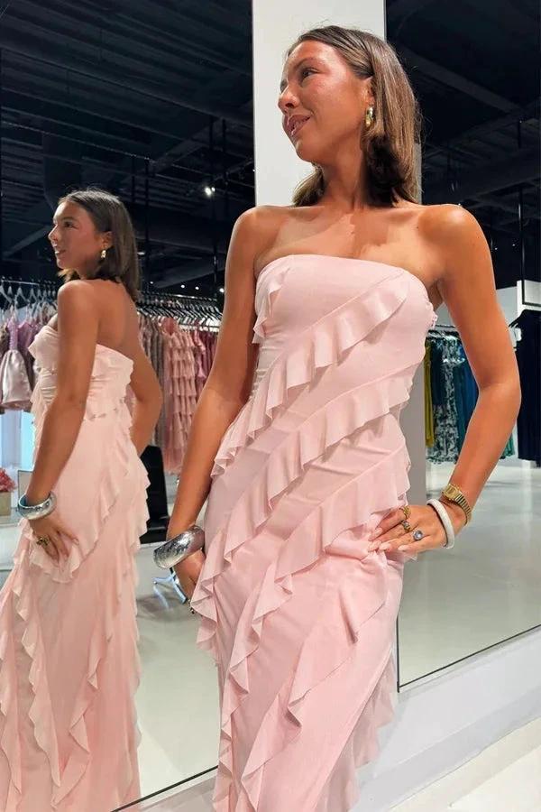 Strapless Ruffle Chiffon Pink Bridesmaid Dress with Slit BD121 - Image 2