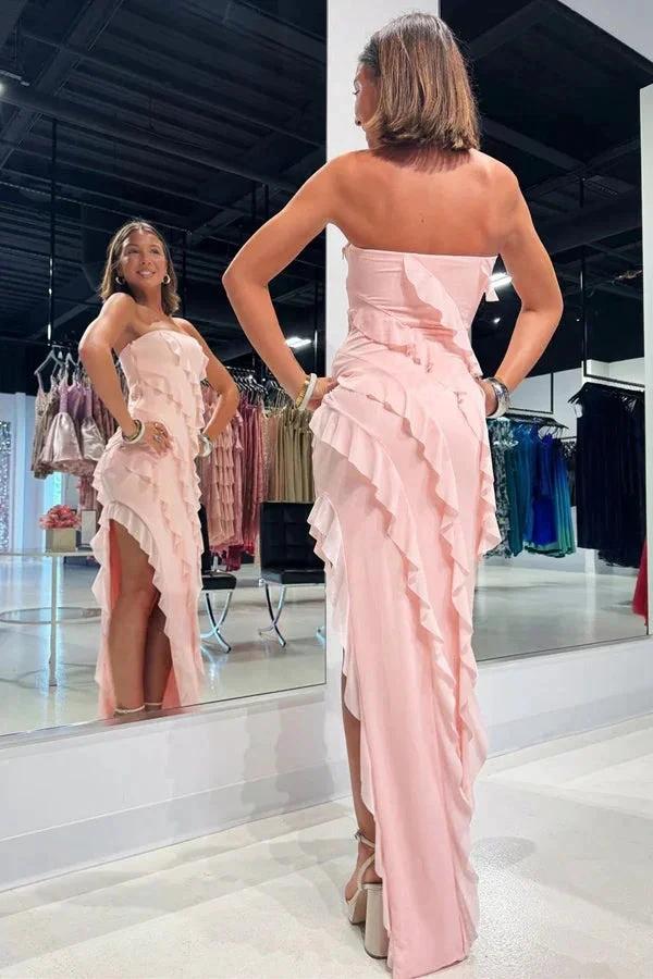Strapless Ruffle Chiffon Pink Bridesmaid Dress with Slit BD121 - Image 3