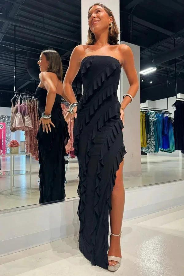 Strapless Ruffle Chiffon Pink Bridesmaid Dress with Slit BD121 - Image 4