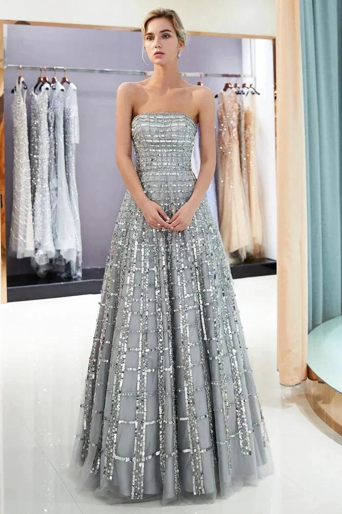 Strapless Sequined Chiffon Party Dress A-line Floor Length Prom Dress - Image 4