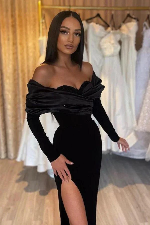 Strapless Sleek Black Mermaid Prom Dress with Long Sleeves and Stylish Slit - Image 2