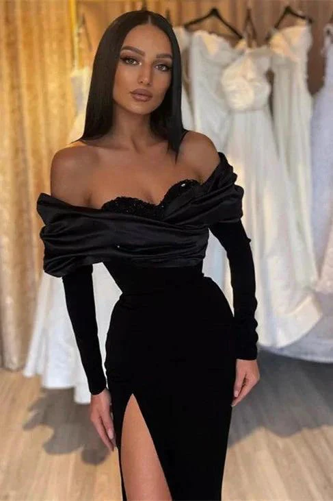 Strapless Sleek Black Mermaid Prom Dress with Long Sleeves and Stylish Slit - Image 3